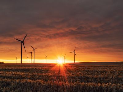 Sonne, Windräder, Wolken, Kornfeld