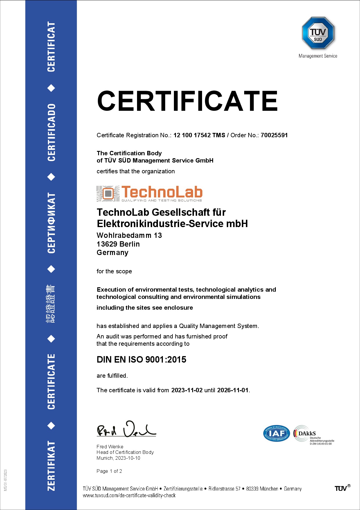 certificate ISO 9001:2015 TechnoLab GmbH