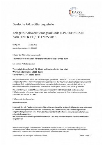 Anhang zu Zertifikat ISO 17025:2018 TechnoLab GmbH