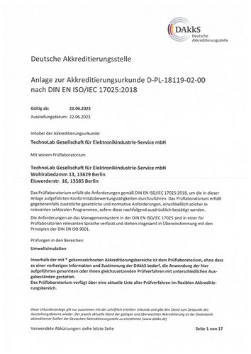 Anhang zu Zertifikat ISO 17025:2018 TechnoLab GmbH
