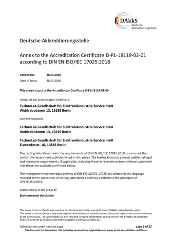 Anhang zu Zertifikat ISO 17025:2018 TechnoLab GmbH